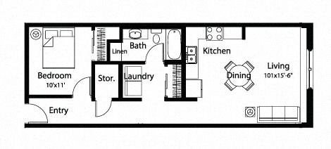 Floor plan for 1 bed, 1 bath